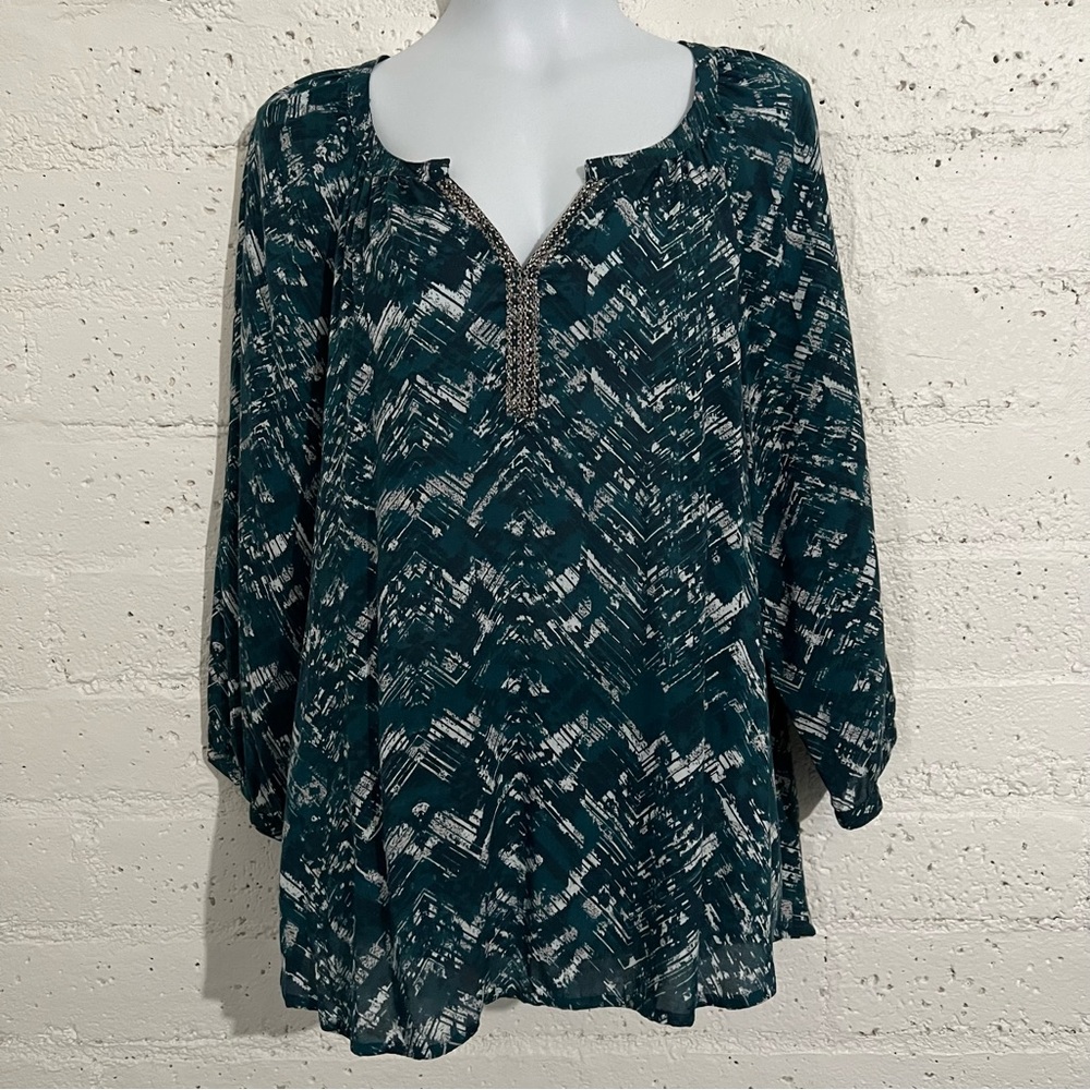 Beach lunch lounge Womens Top XL Green Split Neck Sparkly Viscose 3/4 Sleeve AH